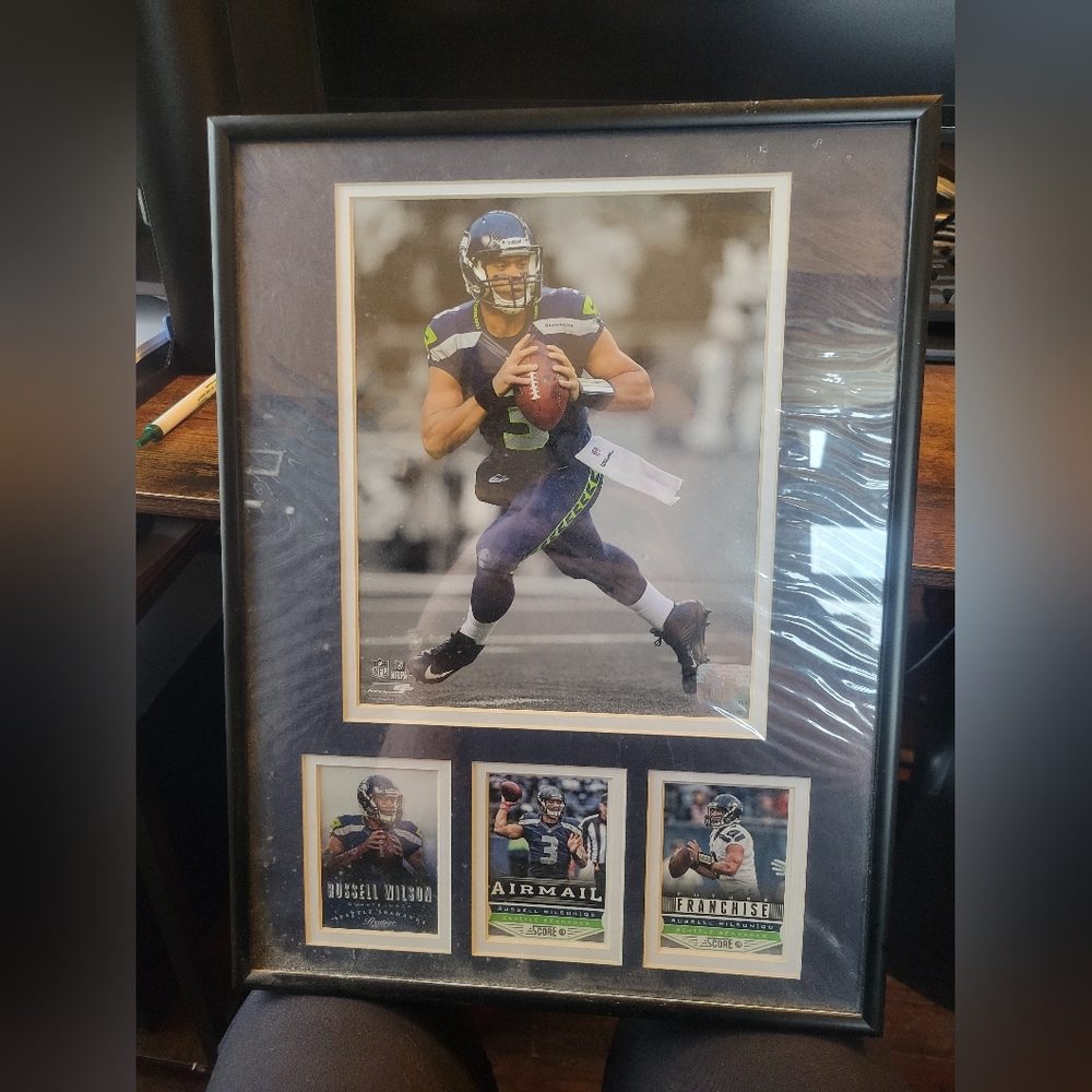 Seattle Seahawks Russell Wilson Framed Photo And Trading Cards 12" X 16"
